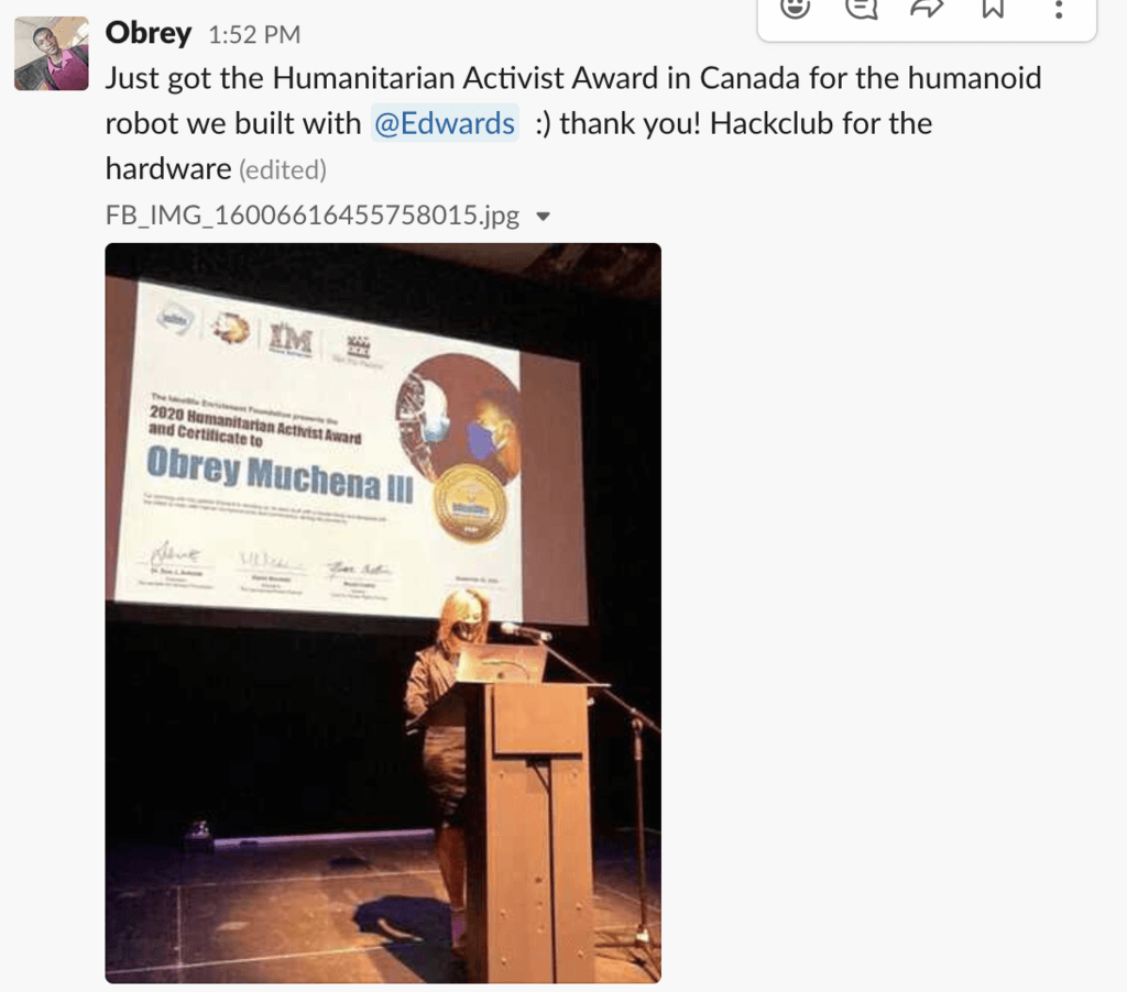 Screenshot of Slack message announcing award